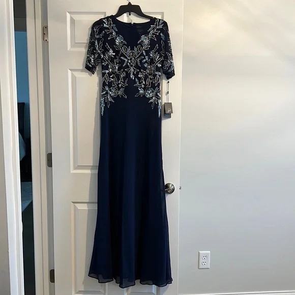 Adrianna Papell Womens Chiffon Embellished Evening Dress Navy 4